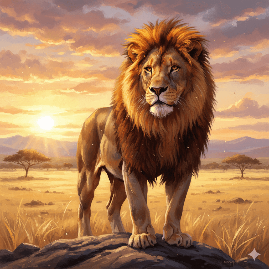 AI-generated majestic lion at sunrise